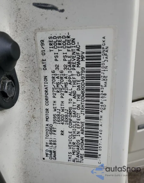 1999 Lexus Lx 470 из США, поврежденный, VIN JT6HT00W8X0049799